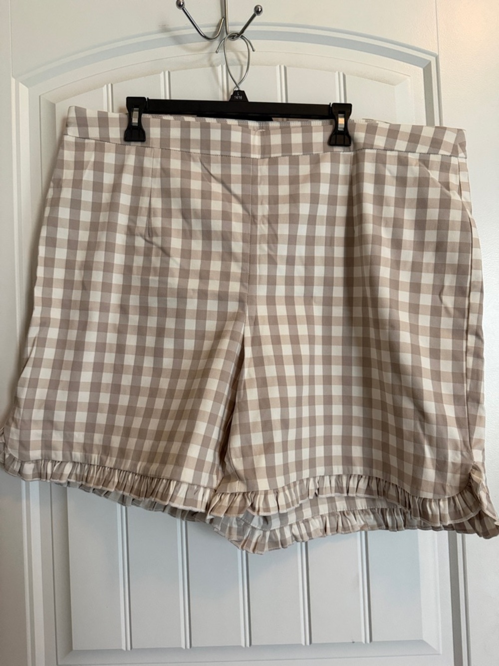 Cato Beige and White Gingham Ruffle Hem Shorts